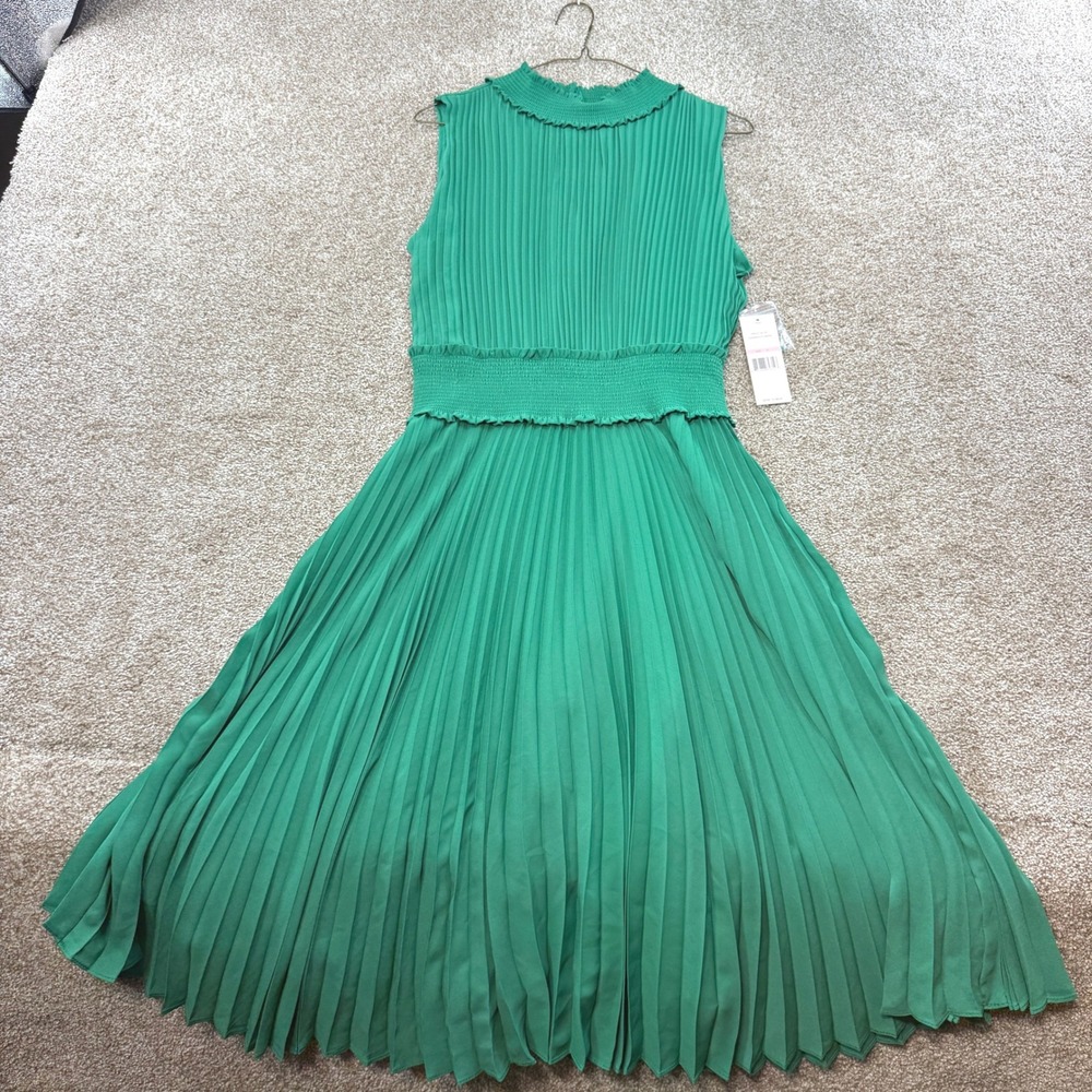 Nanette Lepore Shamrock Green Pleated Smocked Midi Dress 10 NEW Smocked Ruffle